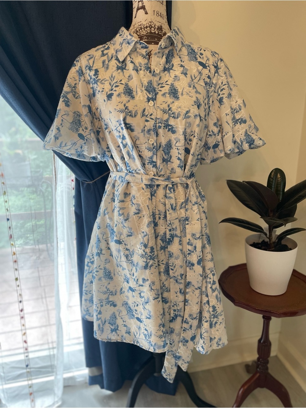 Sam Edelman Blue Floral Eyelet Shirtdress ~ Tie Belt ~ Pockets ~ NWT ~ 14